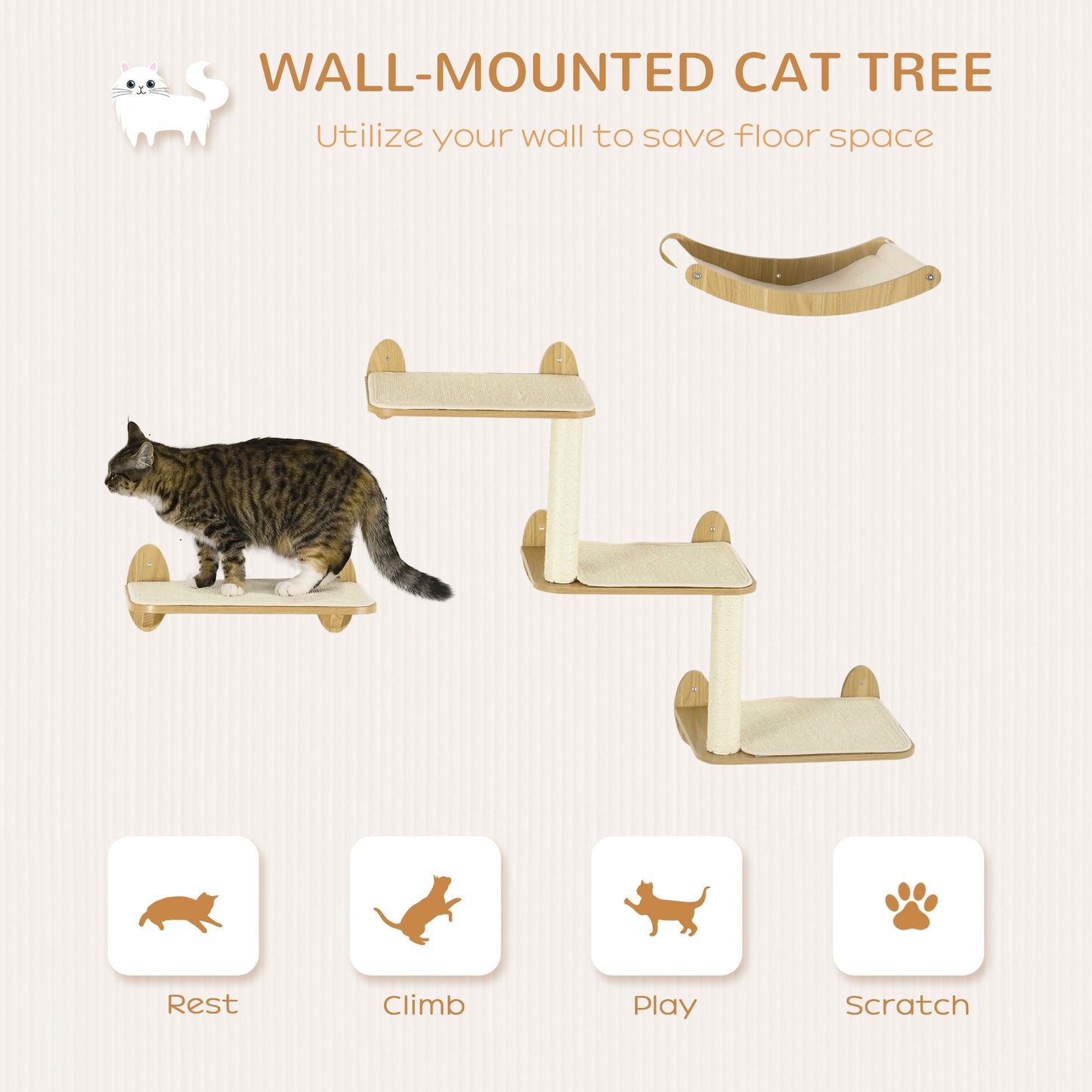 3PCs Wall Mounted Cats Shelves, Cat Climbing Shelf Set, Kitten Activity Center with Jumping Platforms Hammock Scratching Post, Oak