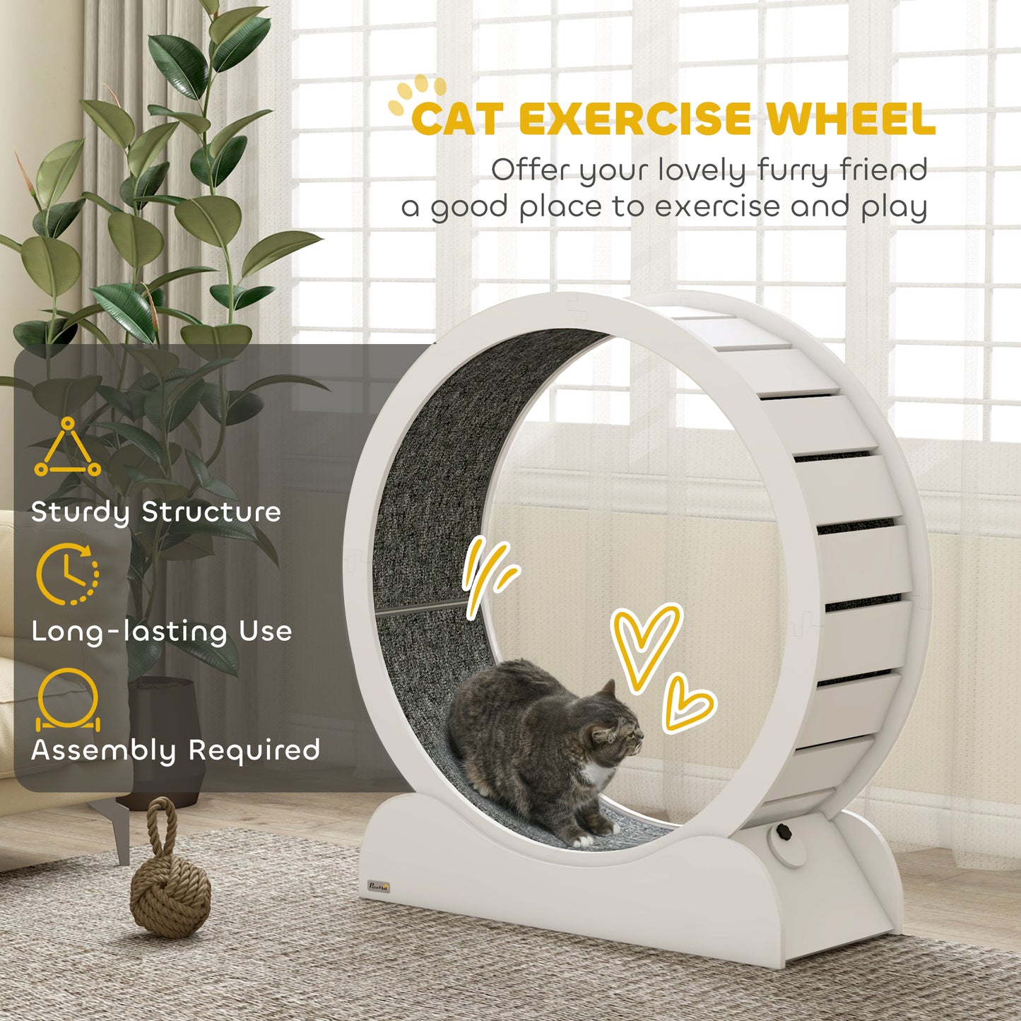 PawHut 39.4" Wooden Cat Running Wheel with Brake, White-2