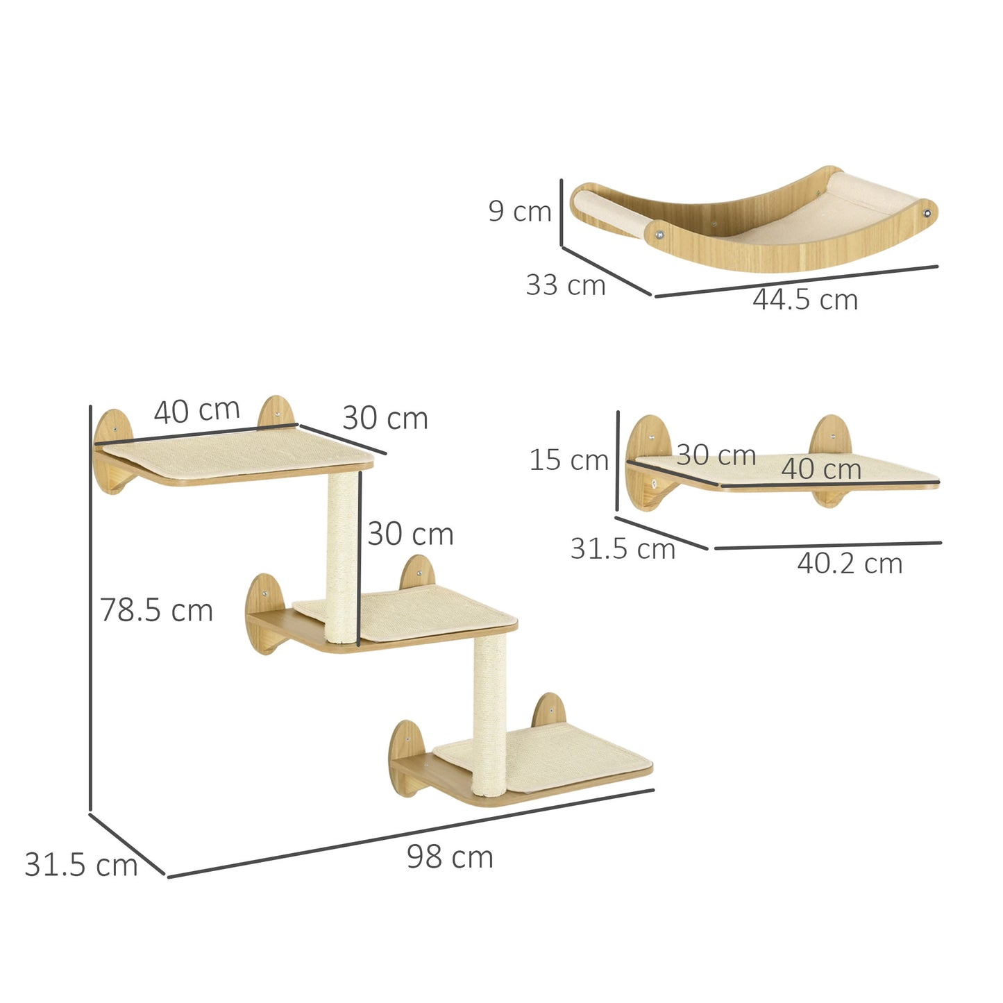 3PCs Wall Mounted Cats Shelves, Cat Climbing Shelf Set, Kitten Activity Center with Jumping Platforms Hammock Scratching Post, Oak