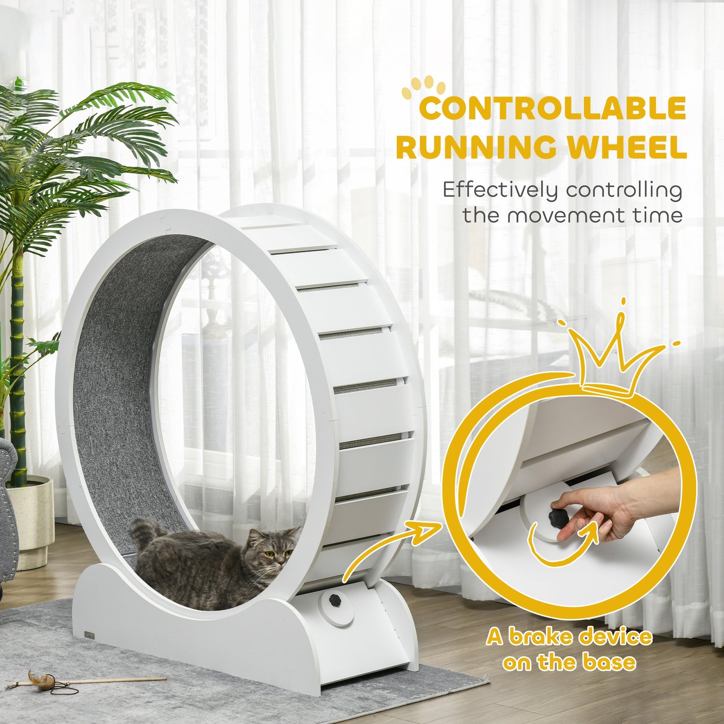 PawHut 39.4" Wooden Cat Running Wheel with Brake, White-4