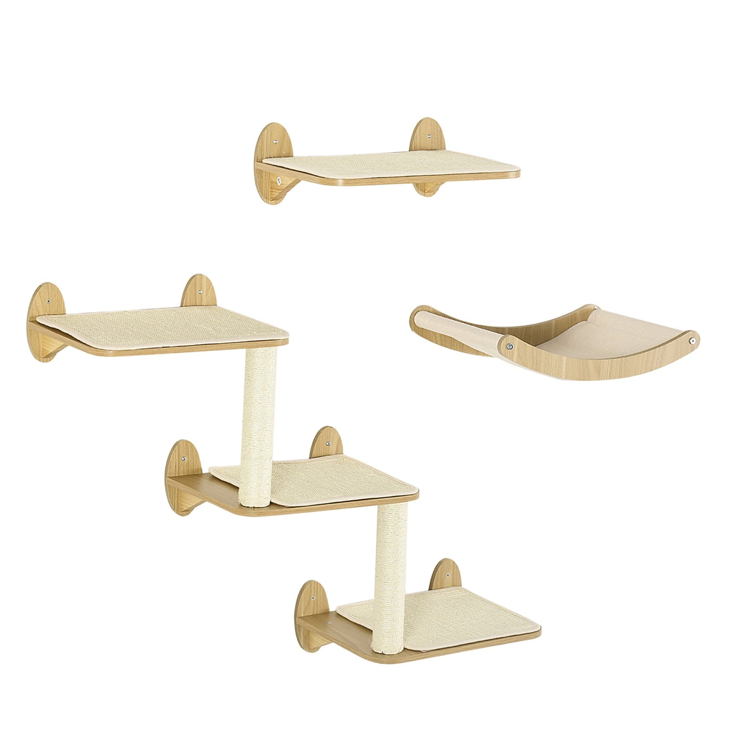 3PCs Wall Mounted Cats Shelves, Cat Climbing Shelf Set, Kitten Activity Center with Jumping Platforms Hammock Scratching Post, Oak