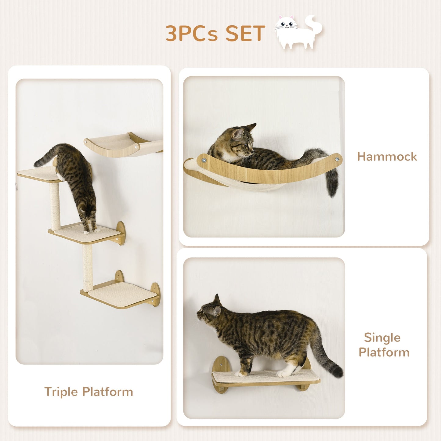 3PCs Wall Mounted Cats Shelves, Cat Climbing Shelf Set, Kitten Activity Center with Jumping Platforms Hammock Scratching Post, Oak