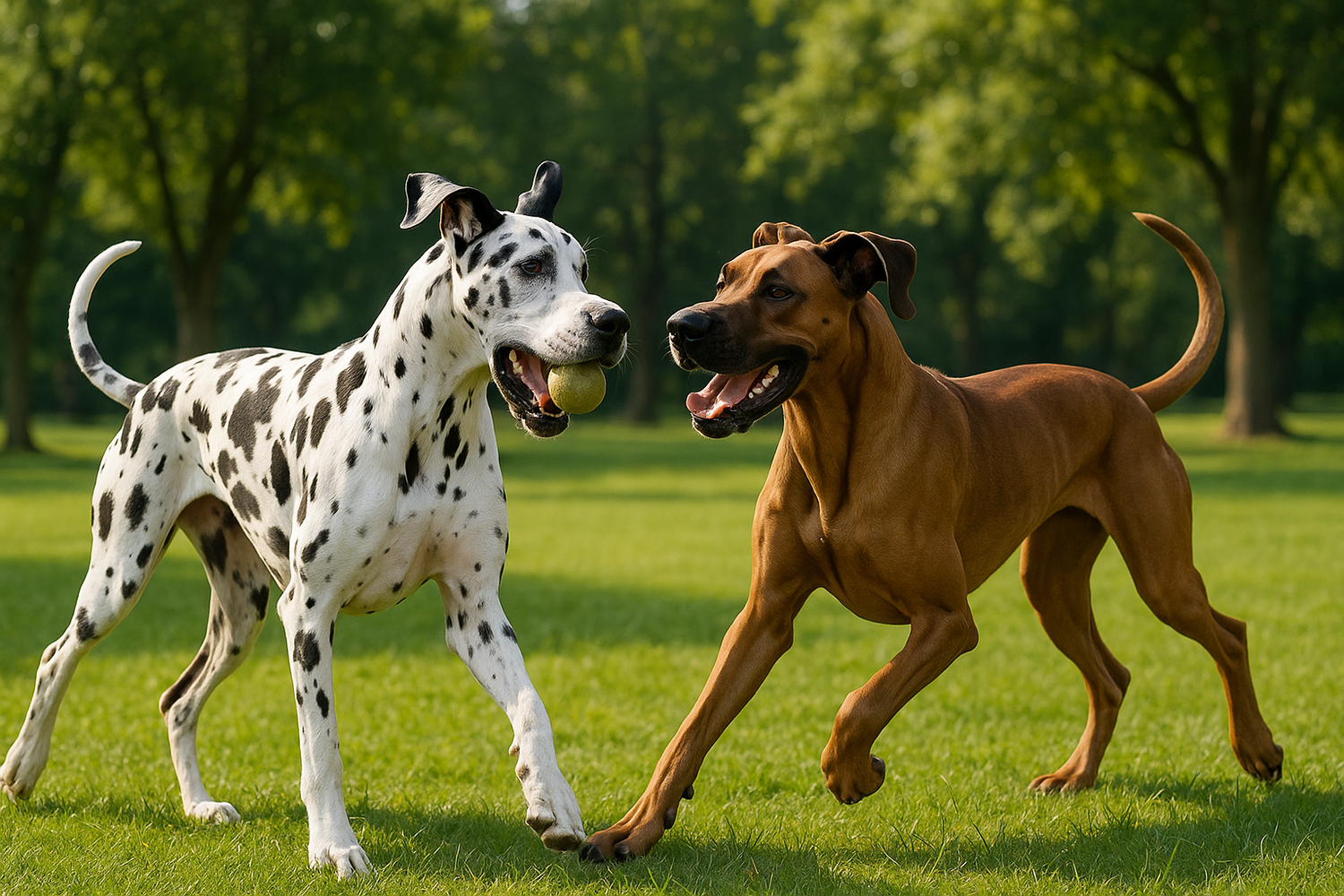 1 Speckled Great Dane Dog and 1 brown great dane together playing