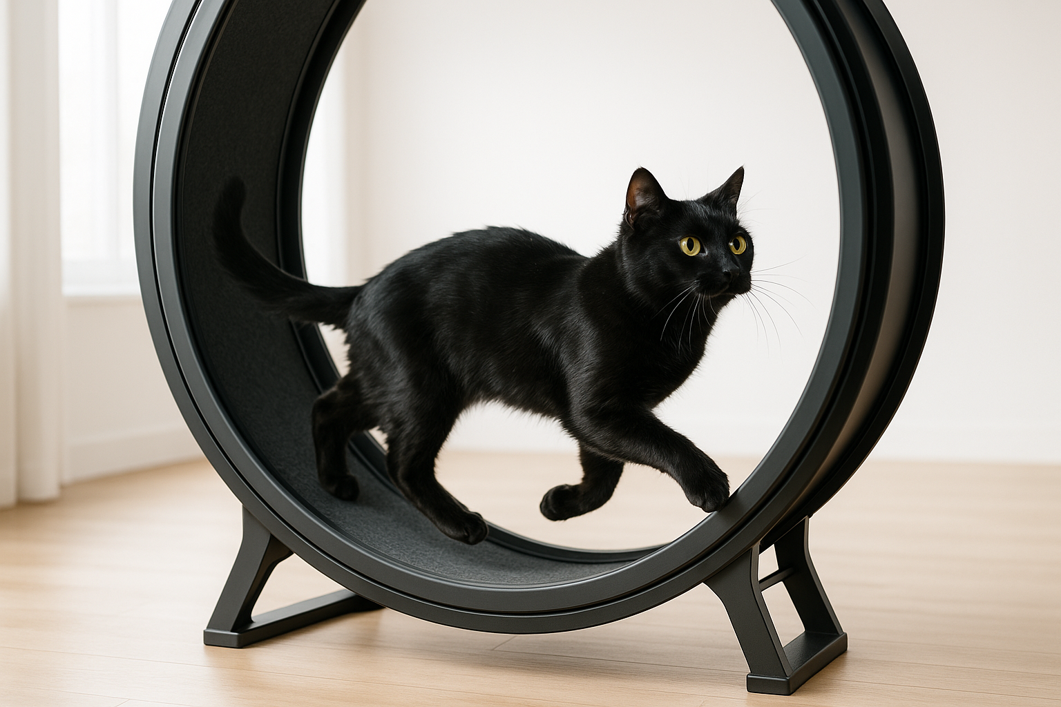 Black cat on exercise wheel
