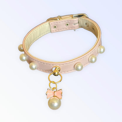 Chic Pearl and Bow Dog Collar in Vegan Leather