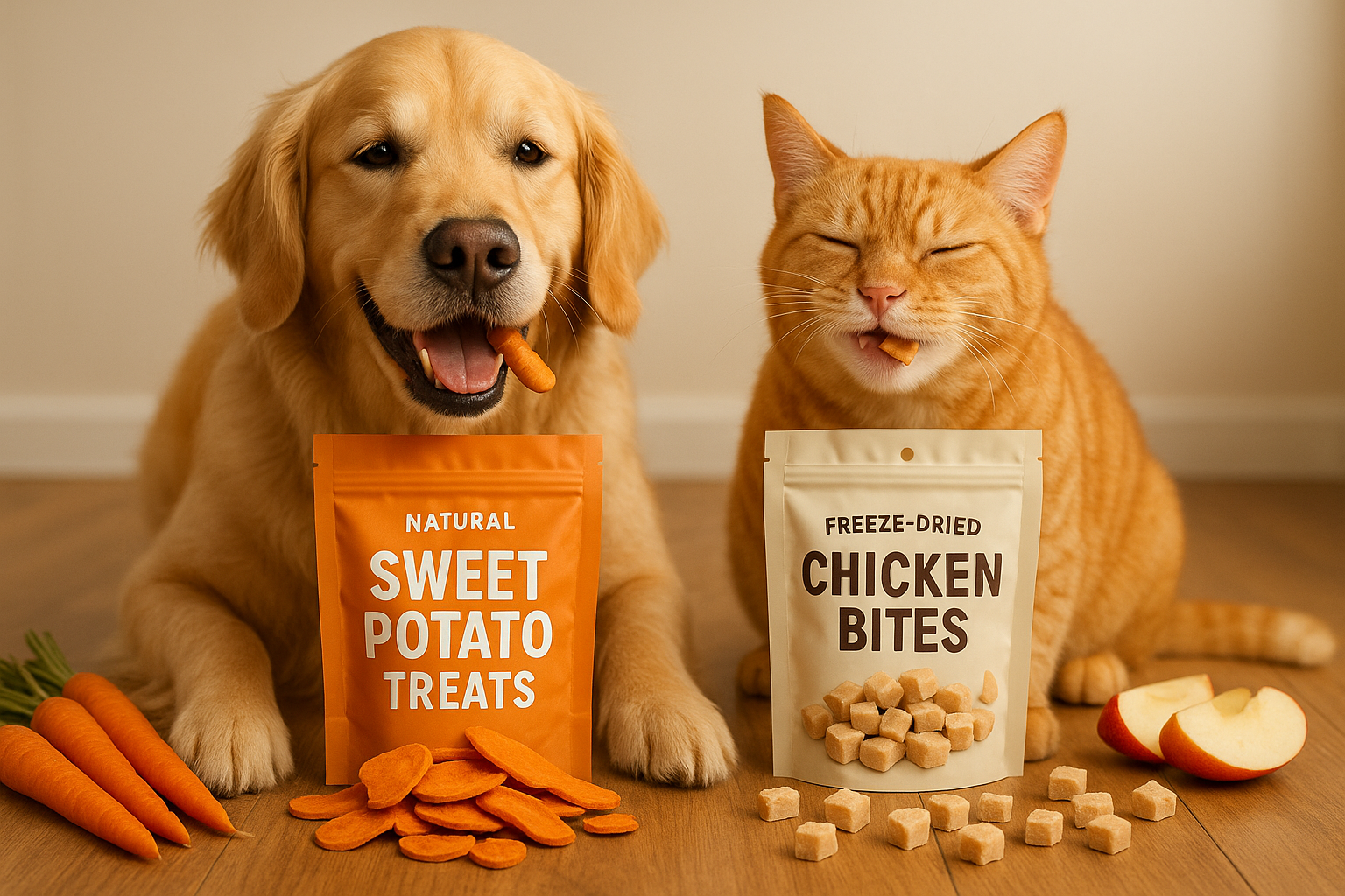 Dog and cat eating healthy snacks