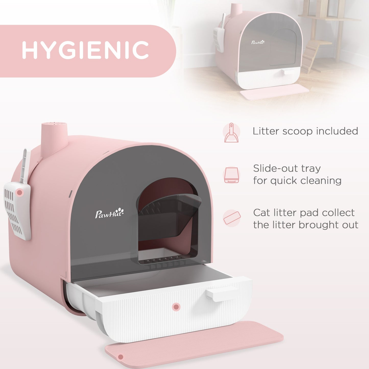 Hooded Cat Litter Box, Kitten Litter Tray, with Lid, Scoop, Filter, Flap Door, Pink