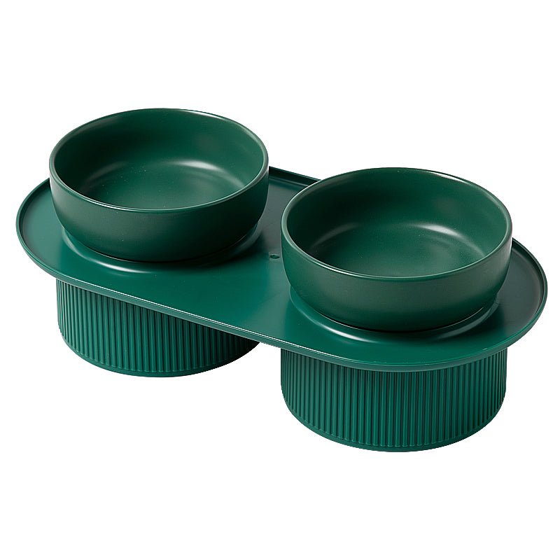 HOPD Ribbed Ceramic Double Pet Bowl 3pc Set - White-1