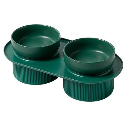 HOPD Ribbed Ceramic Double Pet Bowl 3pc Set - White-1