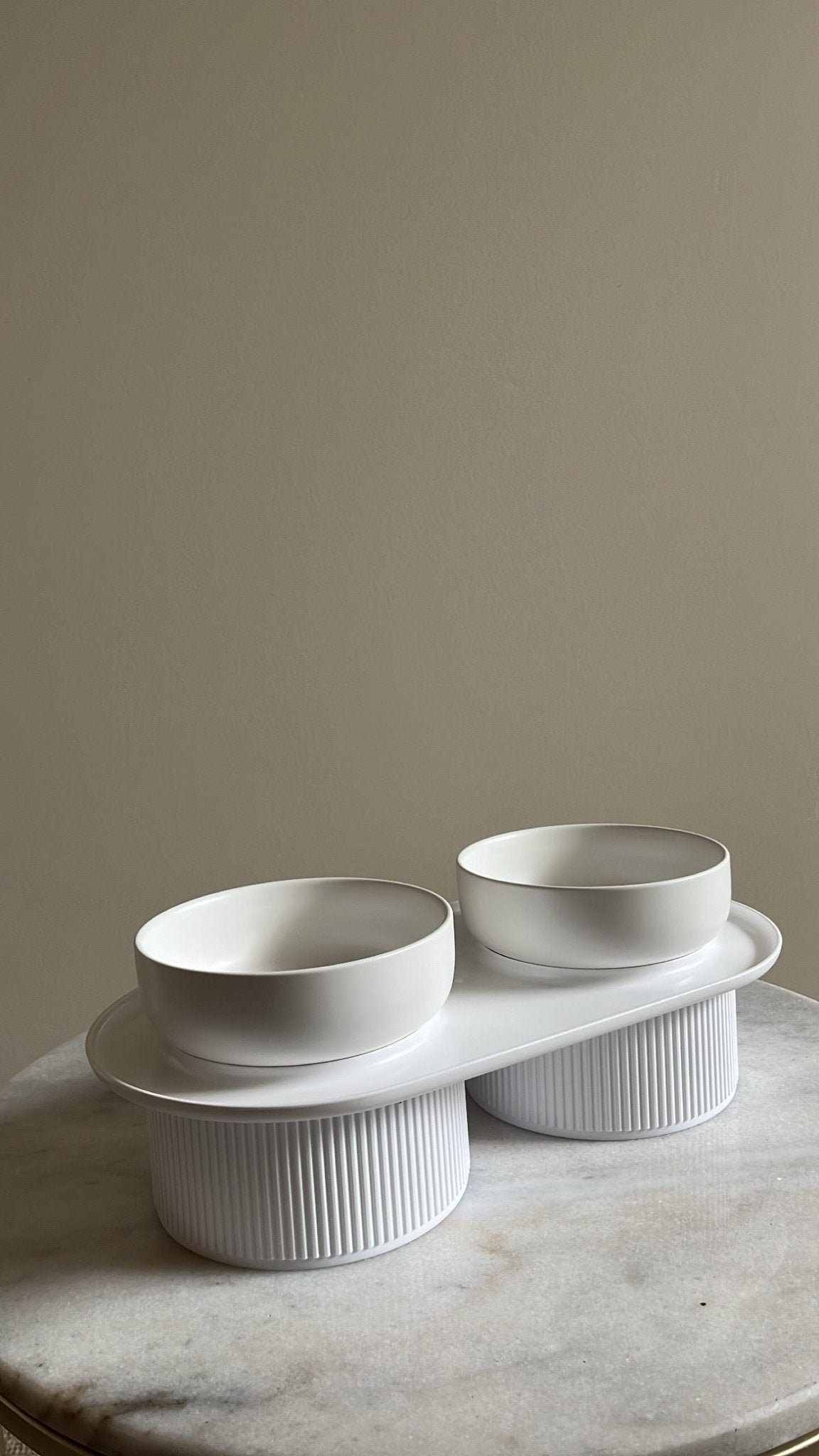 HOPD Ribbed Ceramic Double Pet Bowl 3pc Set - White-4