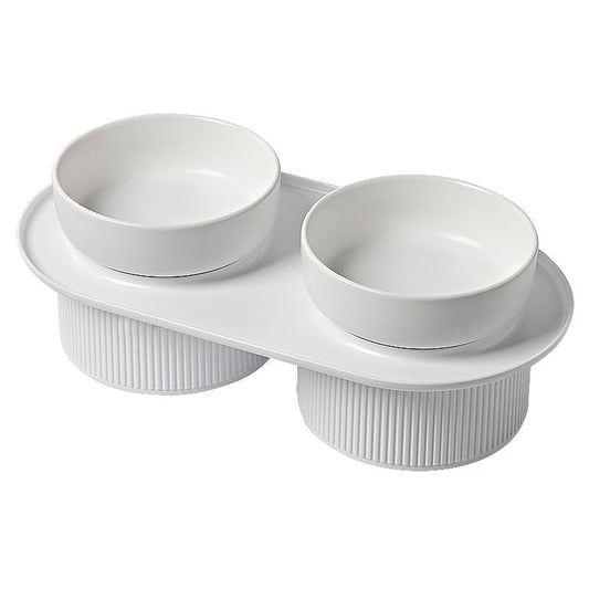 HOPD Ribbed Ceramic Double Pet Bowl 3pc Set - White-0