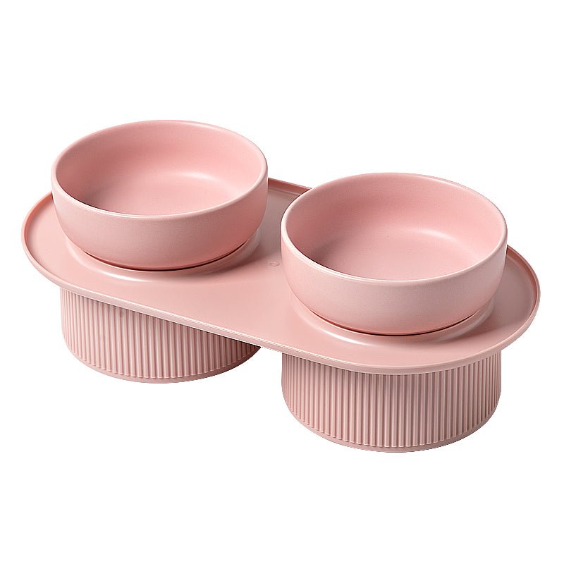 HOPD Ribbed Ceramic Double Pet Bowl 3pc Set - White-2