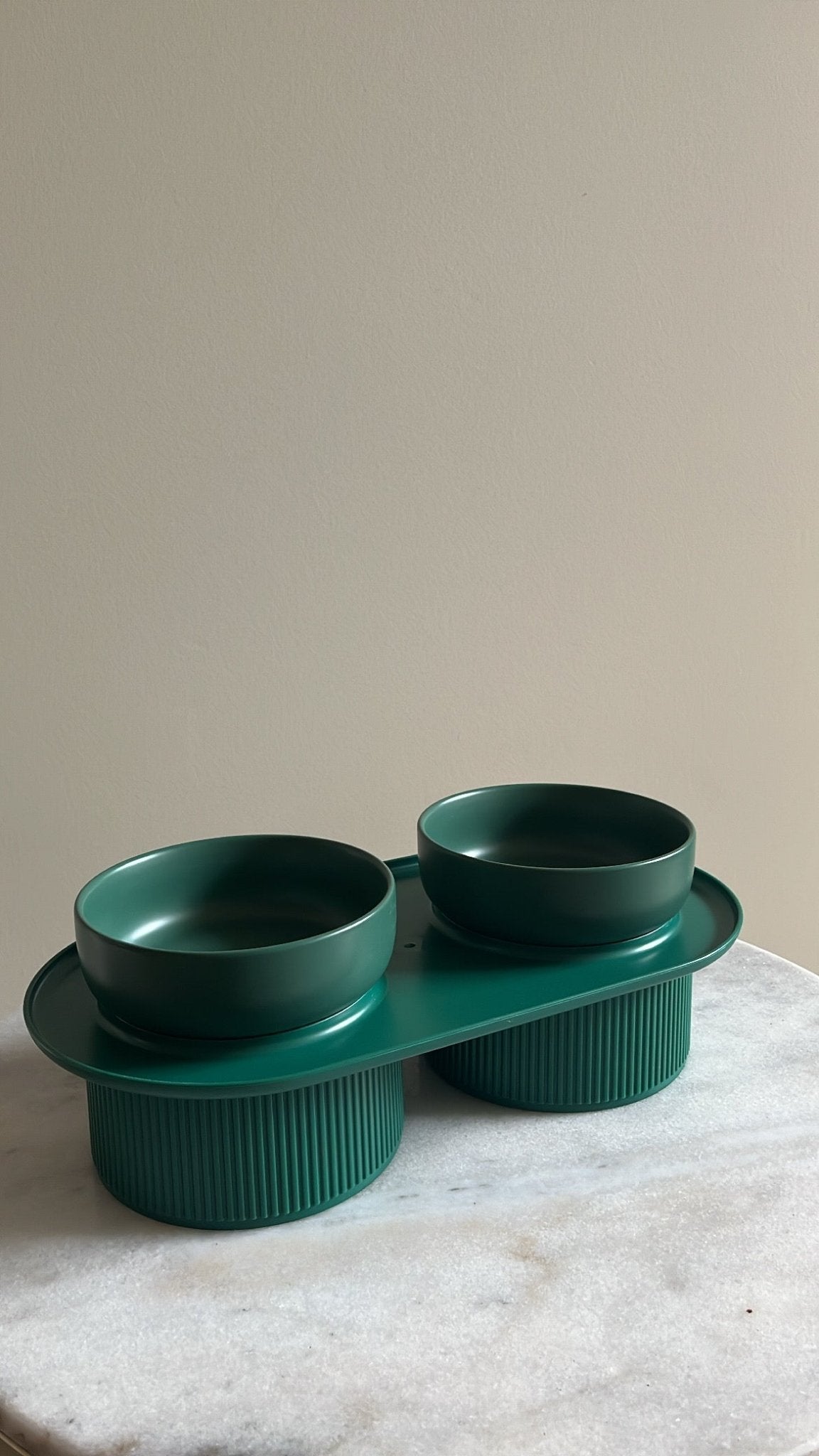 HOPD Ribbed Ceramic Double Pet Bowl 3pc Set - White-3